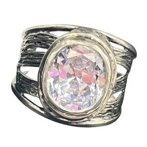 Jean Rachel designer sterling silver textured wide band ring oval clear CZ sz 7